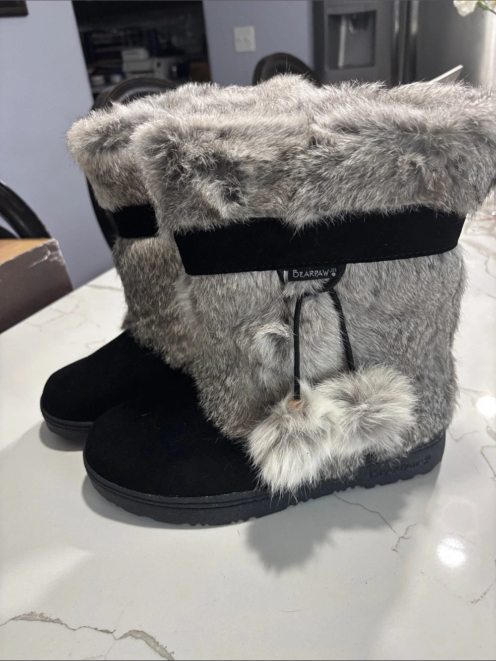 BearPaw Tama II Women's Black Suede Gray Rabbit Fur Pom Boot Grey 9 Sheepskin